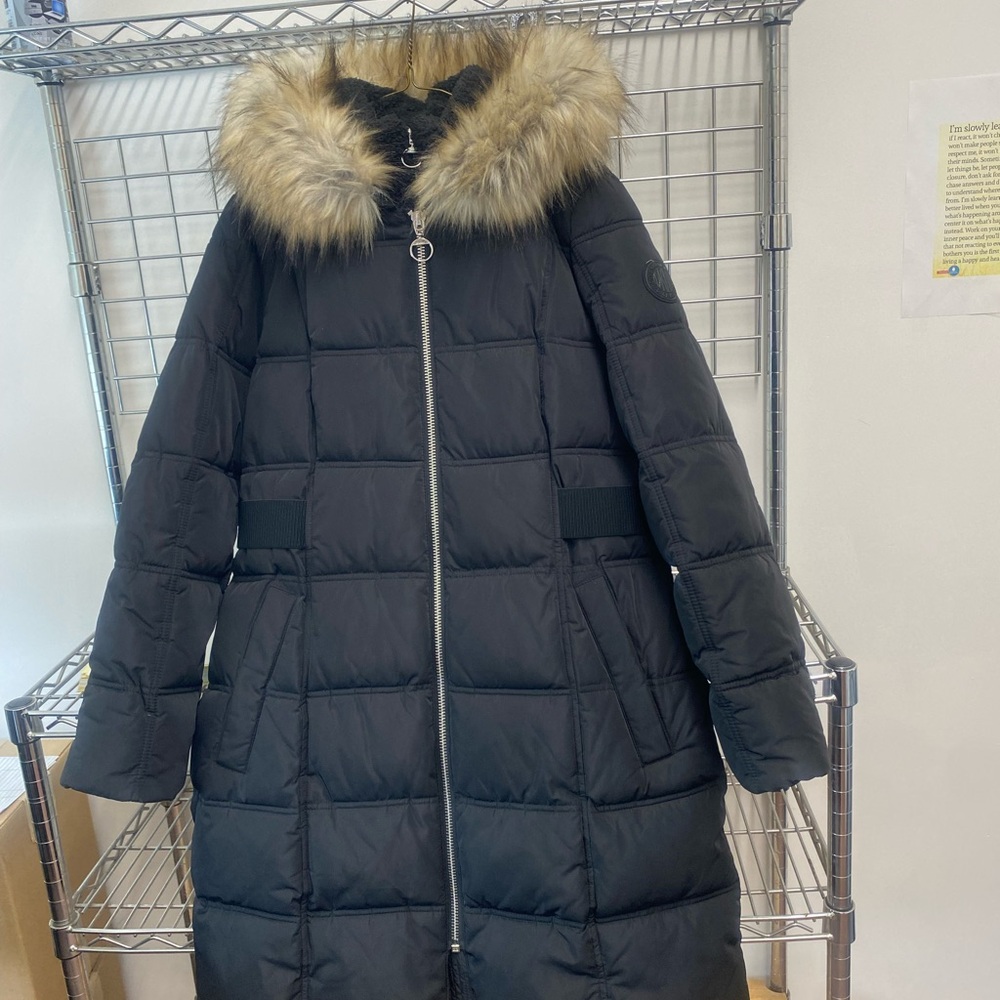 DKNY Black Puffer Jacket with Faux Fur Trim